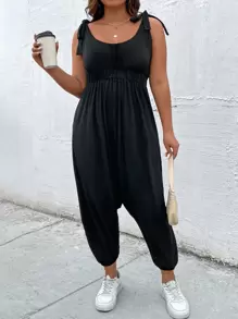 SHEIN LUNE Plus Tie Shoulder Backless Solid Jumpsuit - Black - View 1