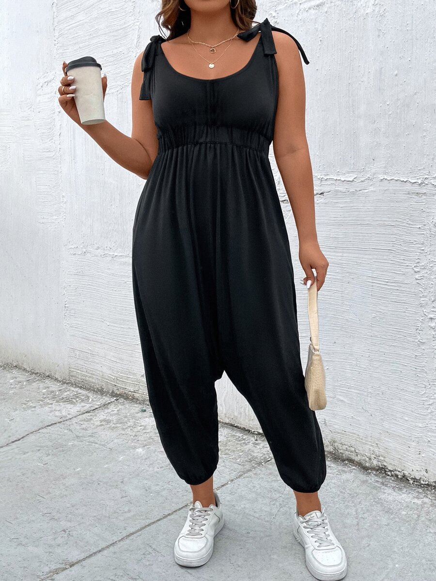 SHEIN LUNE Plus Tie Shoulder Backless Solid Jumpsuit - Black - View 1