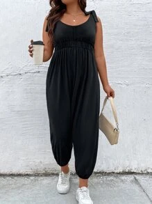 SHEIN LUNE Plus Tie Shoulder Backless Solid Jumpsuit - Black - View 4