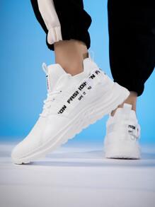 Men Letter Tape Decor Lace-up Front Running Shoes - White - View 2