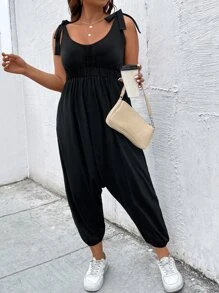 SHEIN LUNE Plus Tie Shoulder Backless Solid Jumpsuit - Black - View 7