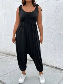 SHEIN LUNE Plus Tie Shoulder Backless Solid Jumpsuit - Black - View 8