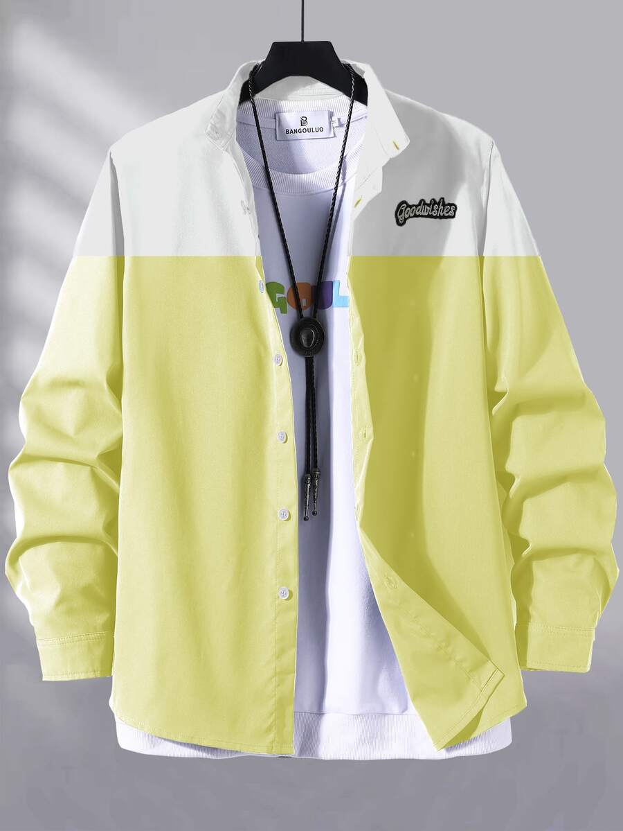 Manfinity Men Letter Embroidery Two Tone Shirt Without Tee - Yellow - View 1