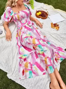 GENKIRA Brush Print Square Neck Shirred Puff Sleeve Ruffle Hem Dress - Multicolor - View 1