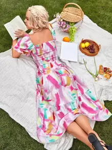 GENKIRA Brush Print Square Neck Shirred Puff Sleeve Ruffle Hem Dress - Multicolor - View 2