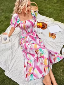 GENKIRA Brush Print Square Neck Shirred Puff Sleeve Ruffle Hem Dress - Multicolor - View 3