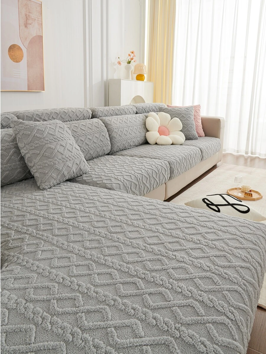 1pc Winter Thickened Warm Jacquard Sofa Cushion Cover, Versatile For All Season, Modern Soft & Skin-Friendly, Anti-Skid, Pet-Proof, Stretch Sofa Slipcover, Solid Color, Suitable For L-Shaped Combination Sofa And 1/2/3/4 Seater Sofa (Sold Individually) - Light Grey - View 1