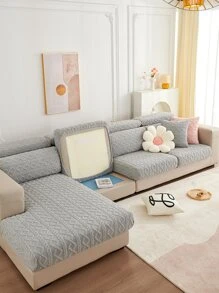 1pc Winter Thickened Warm Jacquard Sofa Cushion Cover, Versatile For All Season, Modern Soft & Skin-Friendly, Anti-Skid, Pet-Proof, Stretch Sofa Slipcover, Solid Color, Suitable For L-Shaped Combination Sofa And 1/2/3/4 Seater Sofa (Sold Individually) - Light Grey - View 4