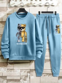 Manfinity LEGND 男士熊和標語圖案加絨內裏衛衣和衛褲 - 藍色 - 查看 1