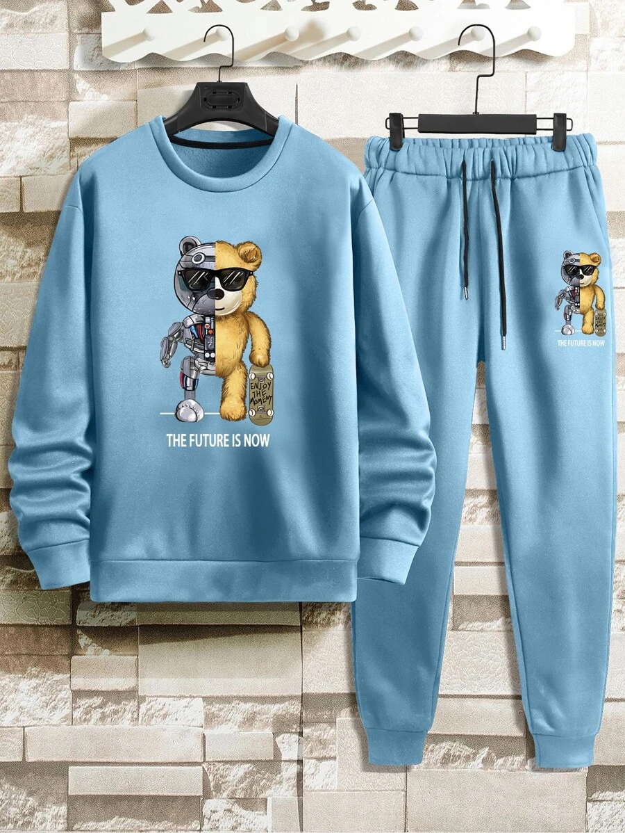 Manfinity LEGND 男士熊和標語圖案加絨內裏衛衣和衛褲 - 藍色 - 查看 1