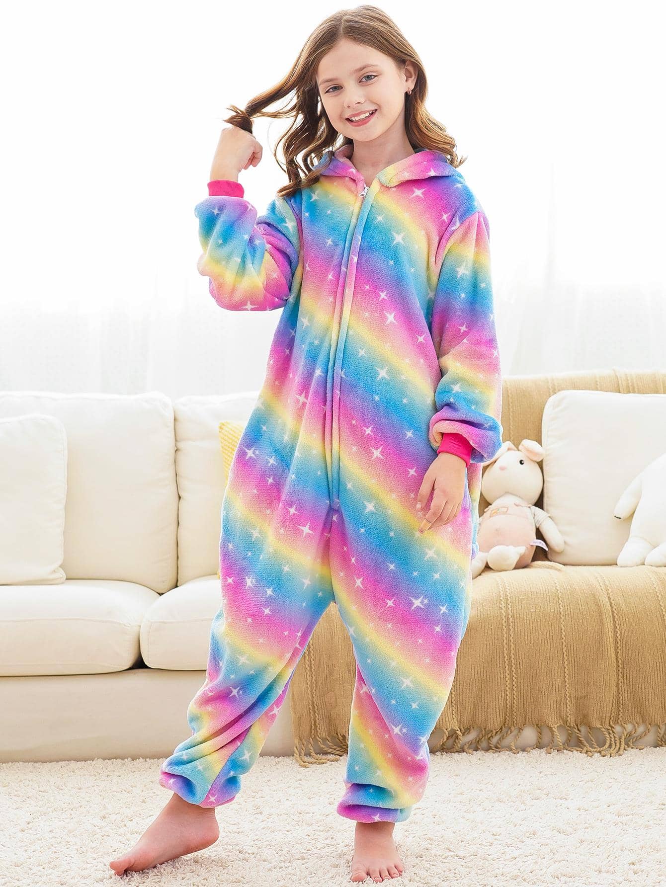 女孩彩虹條紋連帽法蘭絨連體睡衣 - 彩色 - 查看 1