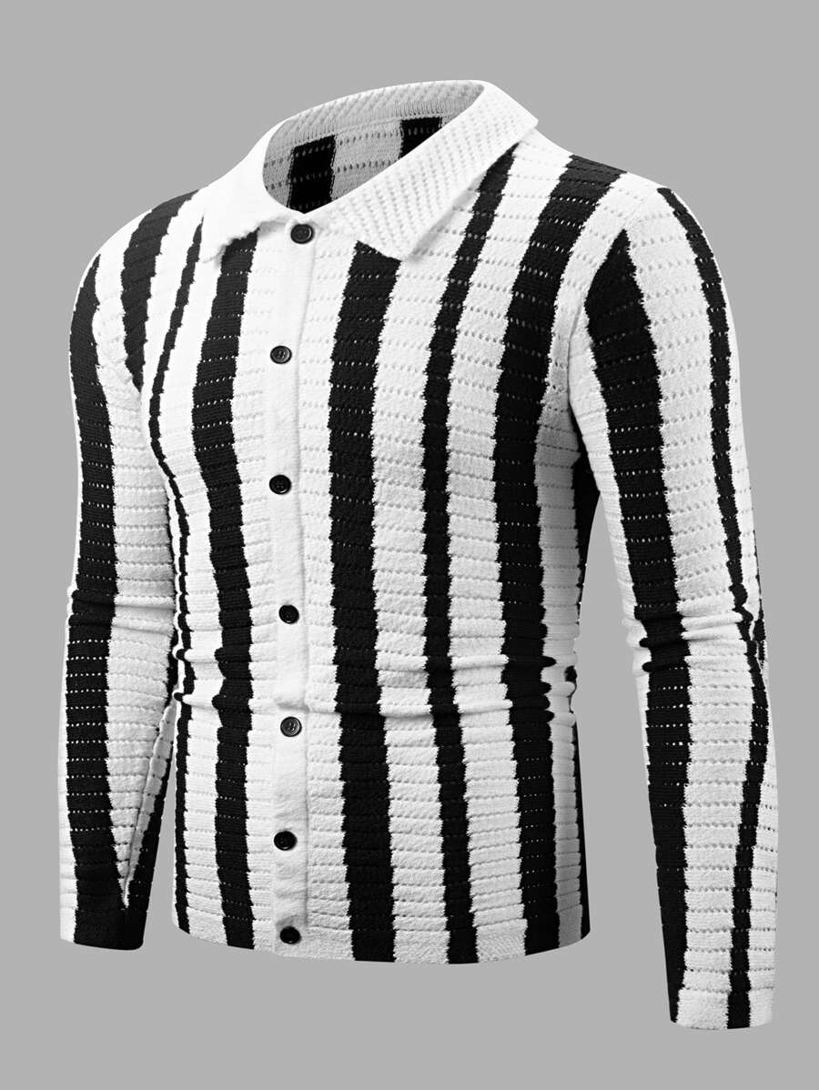 Manfinity Men Stripe Pointelle Knit Button Through Cardigan - Black and White - View 1