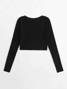 RueChic Camiseta corta unicolor de cuello V tejido de canalé - Negro - Ver 2