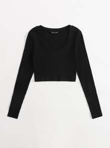 RueChic Camiseta corta unicolor de cuello V tejido de canalé - Negro - Ver 4