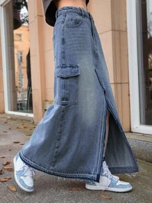 SHEIN Flap Pocket Split Hem Maxi Denim Skirt - Medium Wash - View 1