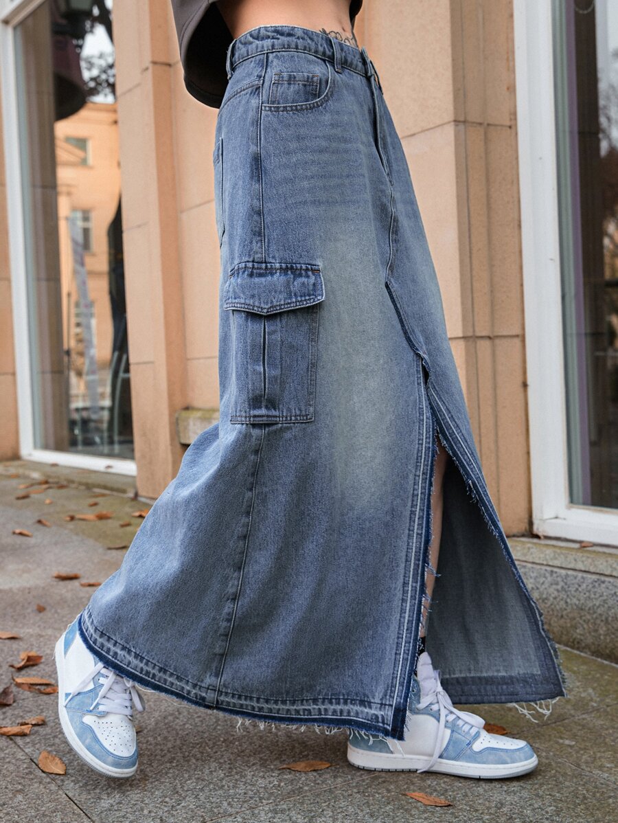 SHEIN Flap Pocket Split Hem Maxi Denim Skirt - Medium Wash - View 1