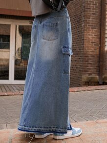 SHEIN Flap Pocket Split Hem Maxi Denim Skirt - Medium Wash - View 2