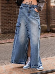 SHEIN Flap Pocket Split Hem Maxi Denim Skirt - Medium Wash - View 4