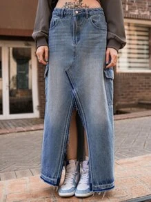 SHEIN Flap Pocket Split Hem Maxi Denim Skirt - Medium Wash - View 5