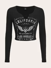 SHEIN EZwear 字母圖案缺口領短款T恤 - 黑色 - 查看 1