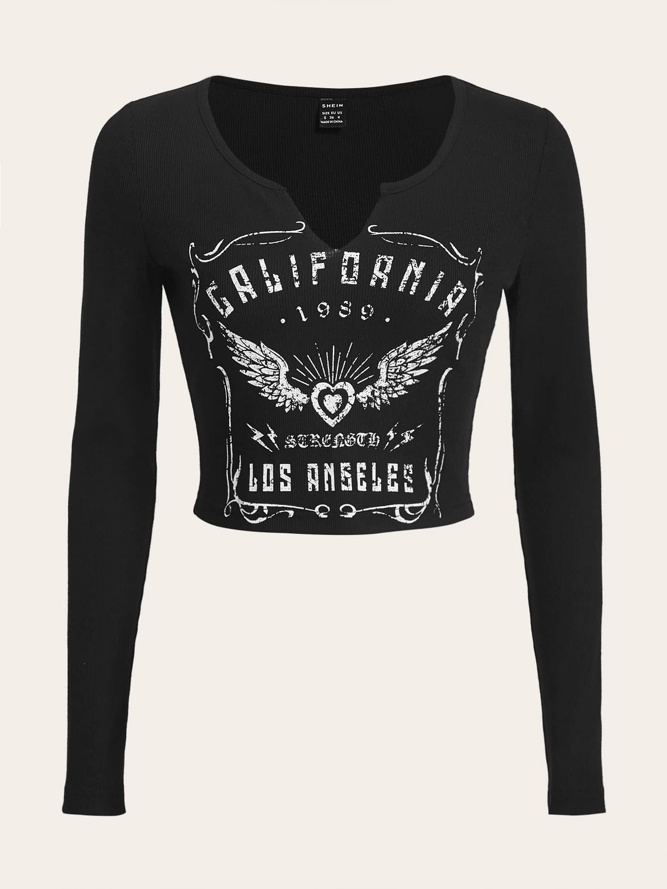 SHEIN EZwear 字母圖案缺口領短款T恤 - 黑色 - 查看 1