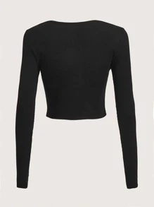 SHEIN EZwear 字母圖案缺口領短款T恤 - 黑色 - 查看 2