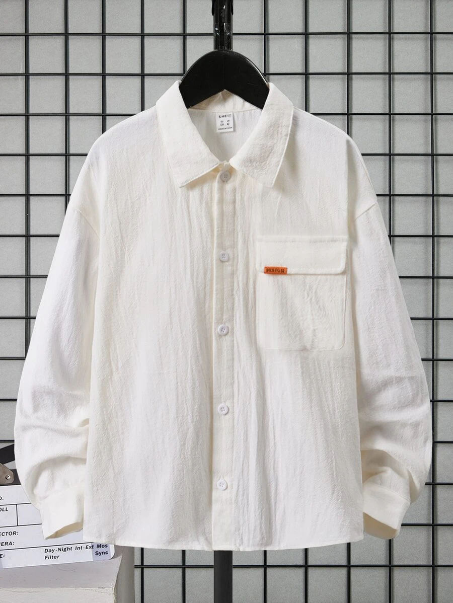 SHEIN 男孩字母補丁細節翻蓋口袋落肩袖襯衫