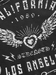 SHEIN EZwear 字母圖案缺口領短款T恤 - 黑色 - 查看 3