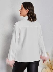 SHEIN Privé 大碼毛茸茸袖口前排扣襯衫 - 白色 - 查看 2