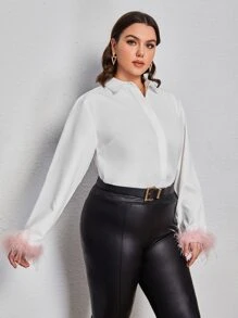 SHEIN Privé 大碼毛茸茸袖口前排扣襯衫 - 白色 - 查看 3