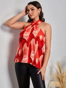 SHEIN VCAY Plus Graphic Print Satin Halter Top - Multicolor - View 5
