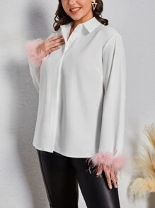 SHEIN Privé 大碼毛茸茸袖口前排扣襯衫 - 白色 - 查看 4