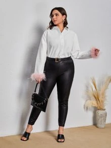 SHEIN Privé 大碼毛茸茸袖口前排扣襯衫 - 白色 - 查看 5