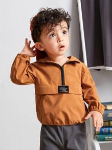 SHEIN 男嬰補丁細節半拉鏈連帽夾克 - 棕色 - 查看 4