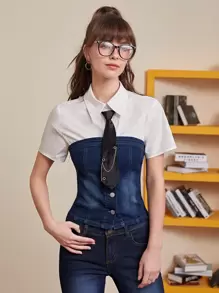 SHEIN MOD 水洗前紐扣抹胸牛仔上衣 - 深色水洗藍 - 查看 1