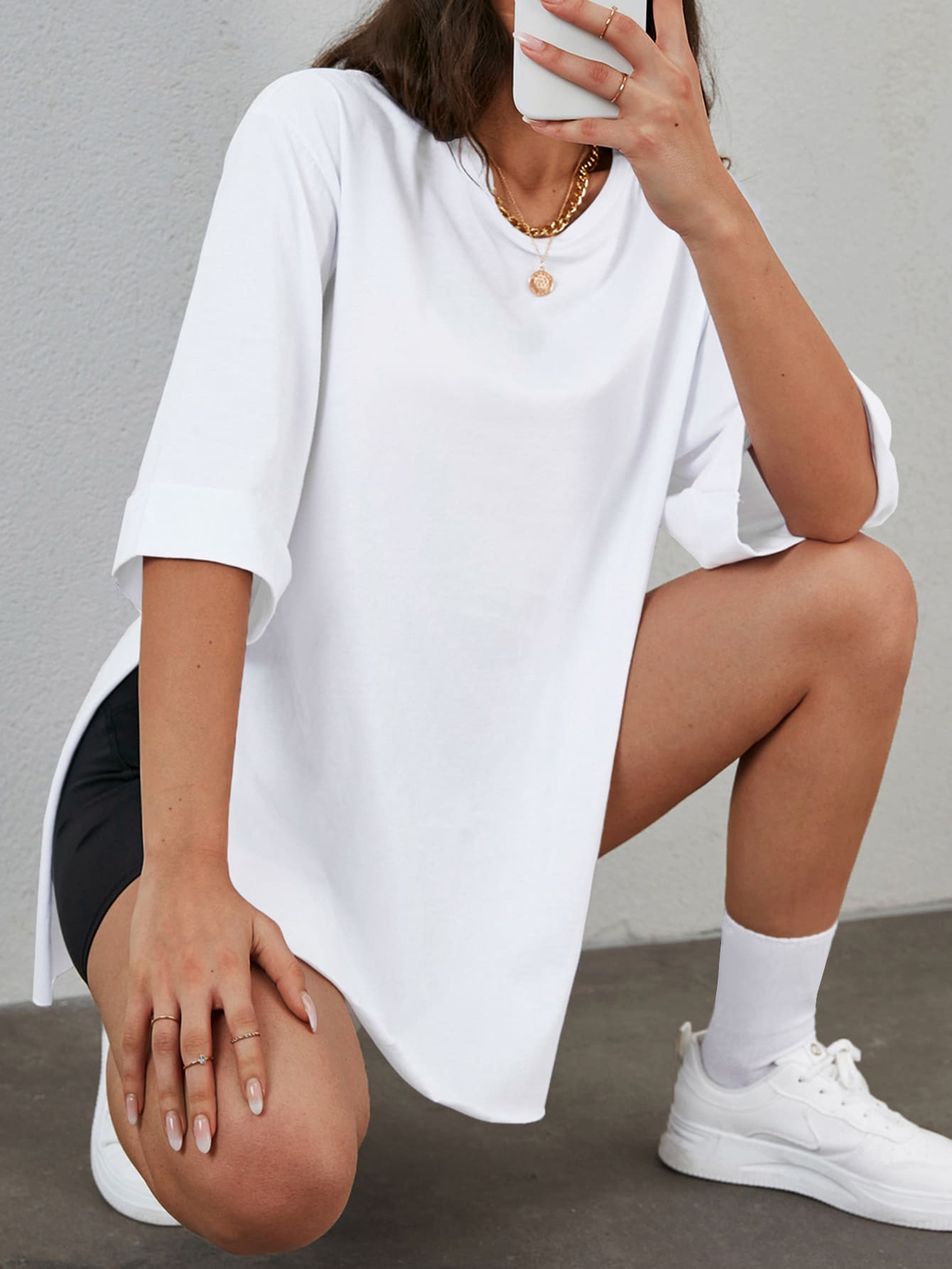 EURMUSE Solid Split Hem Drop Shoulder Tee