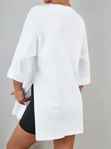 EURMUSE Solid Split Hem Drop Shoulder Tee