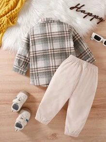 SHEIN Vintaside Kids 圣诞男婴格子印花翻盖口袋衬衫和裤子