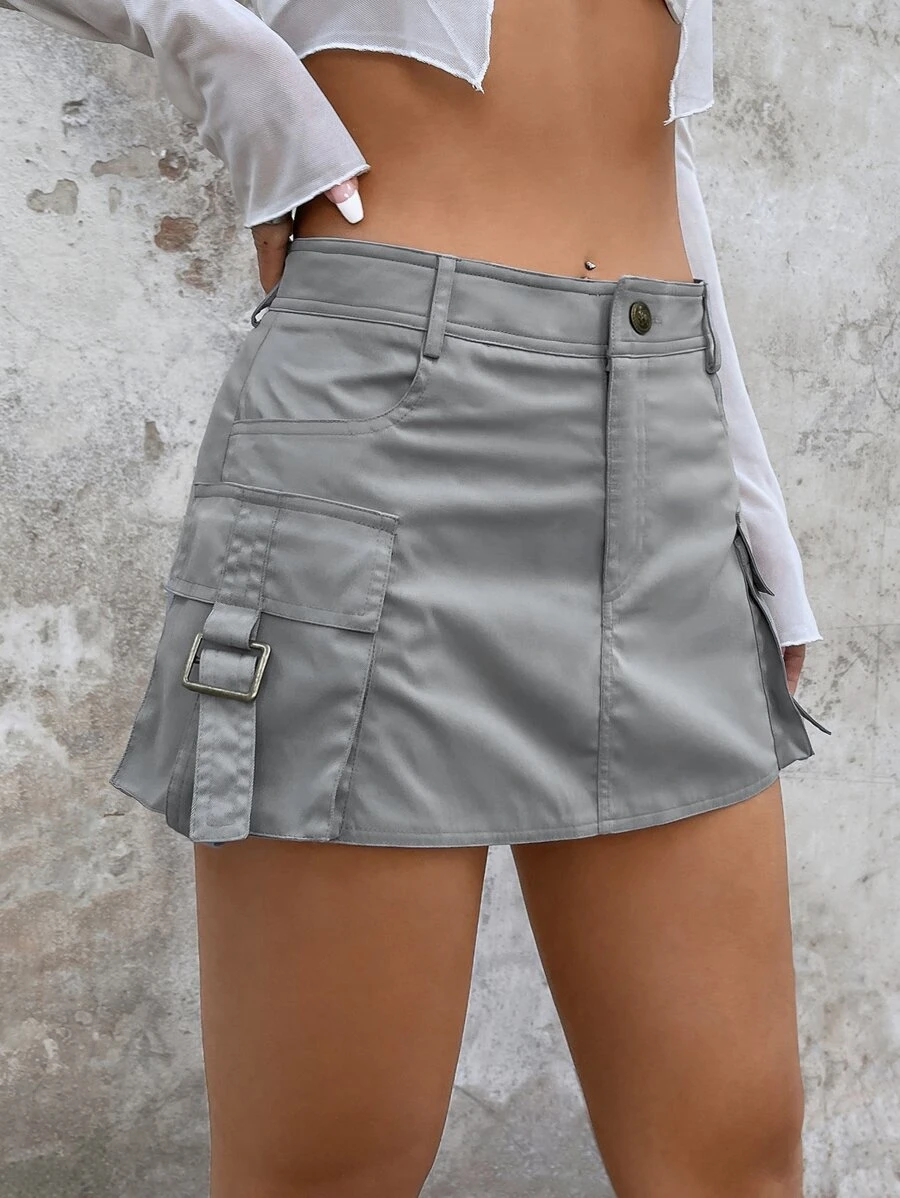 SHEIN ICON Váy chở hàng Gorpcore Thả eo Túi có nắp Mini - Xám - Xem 1
