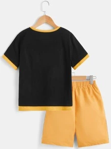SHEIN Boys Letter Graphic Contrast Binding Tee & Shorts - Multicolor - View 3