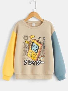 SHEIN Boys Cartoon & Japanese Letter Graphic Colourblock Drop Shoulder Pullover - Multicolor - View 2