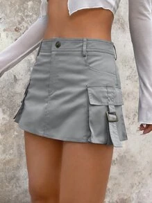 SHEIN ICON Váy chở hàng Gorpcore Thả eo Túi có nắp Mini - Xám - Xem 4
