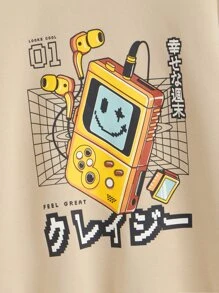 SHEIN Boys Cartoon & Japanese Letter Graphic Colourblock Drop Shoulder Pullover - Multicolor - View 4