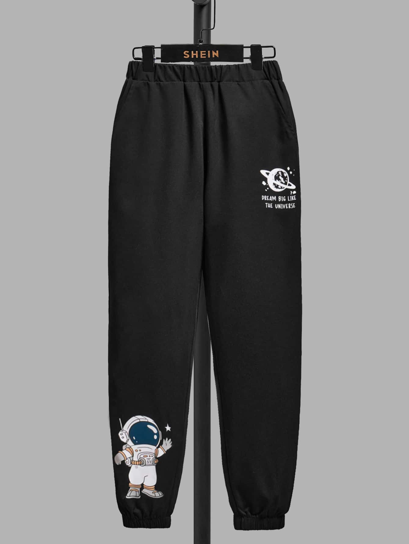 SHEIN Boys Slogan & Spaceman Print Trousers - Black - View 1