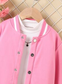 SHEIN Cô Gái Trẻ Mẫu khẩu hiệu Sọc trang trí Áo khoác Đại học Without Tee - Hồng - Xem 4