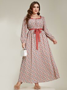 Mulvari Vestido con cinturón con estampado floral ribete fruncido de cuello cuadrado de manga farol - Rosado Sandía - Ver 1