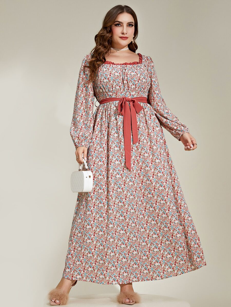 Mulvari Vestido con cinturón con estampado floral ribete fruncido de cuello cuadrado de manga farol - Rosado Sandía - Ver 1