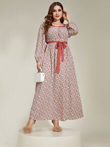 Mulvari Vestido con cinturón con estampado floral ribete fruncido de cuello cuadrado de manga farol - Rosado Sandía - Ver 4