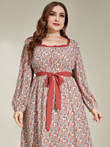 Mulvari Vestido con cinturón con estampado floral ribete fruncido de cuello cuadrado de manga farol - Rosado Sandía - Ver 5