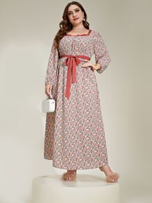 Mulvari Vestido con cinturón con estampado floral ribete fruncido de cuello cuadrado de manga farol - Rosado Sandía - Ver 6